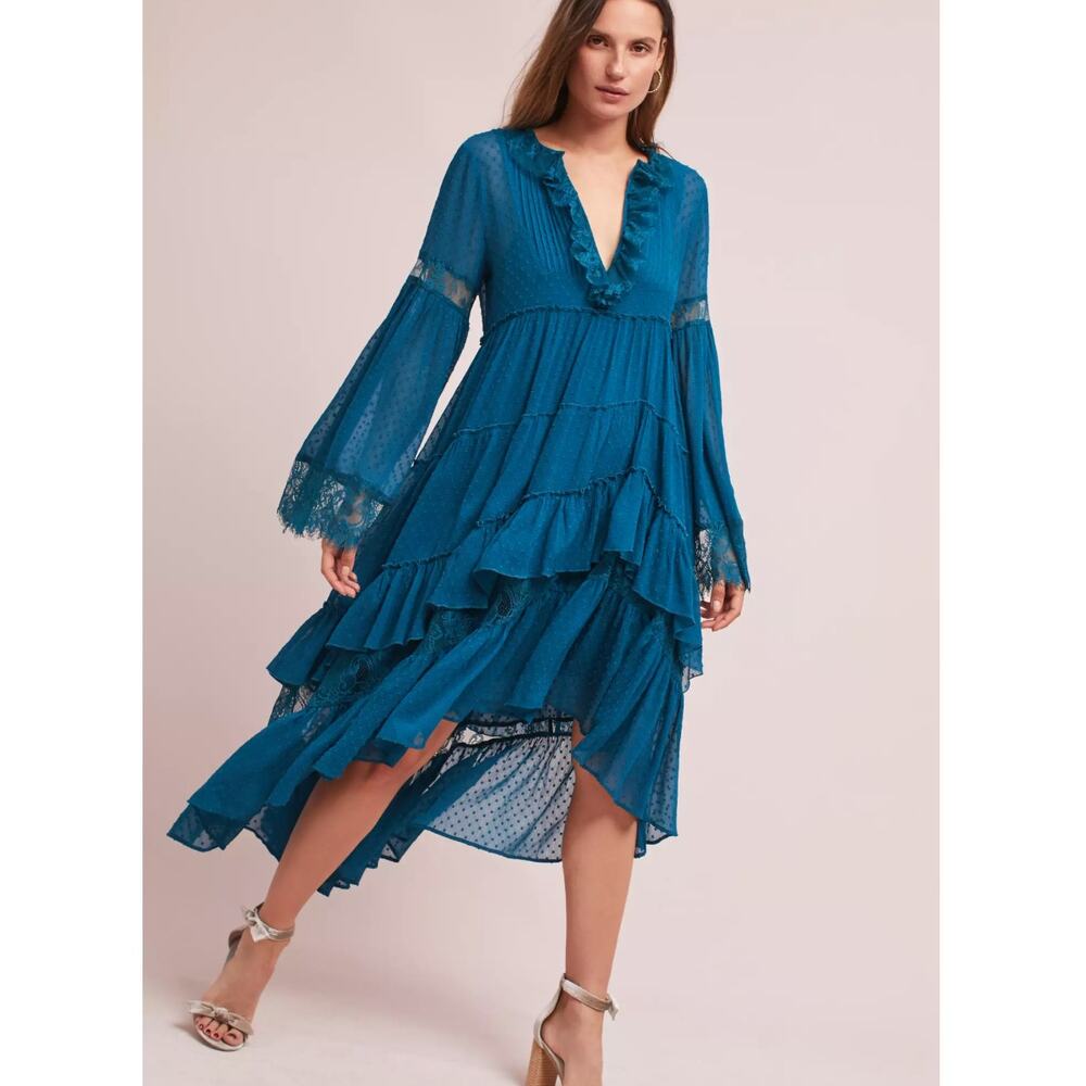 Anthropologie Maeve Meadow Ruffled Romantic Boho Ethereal‎ Dress XS Turquoise